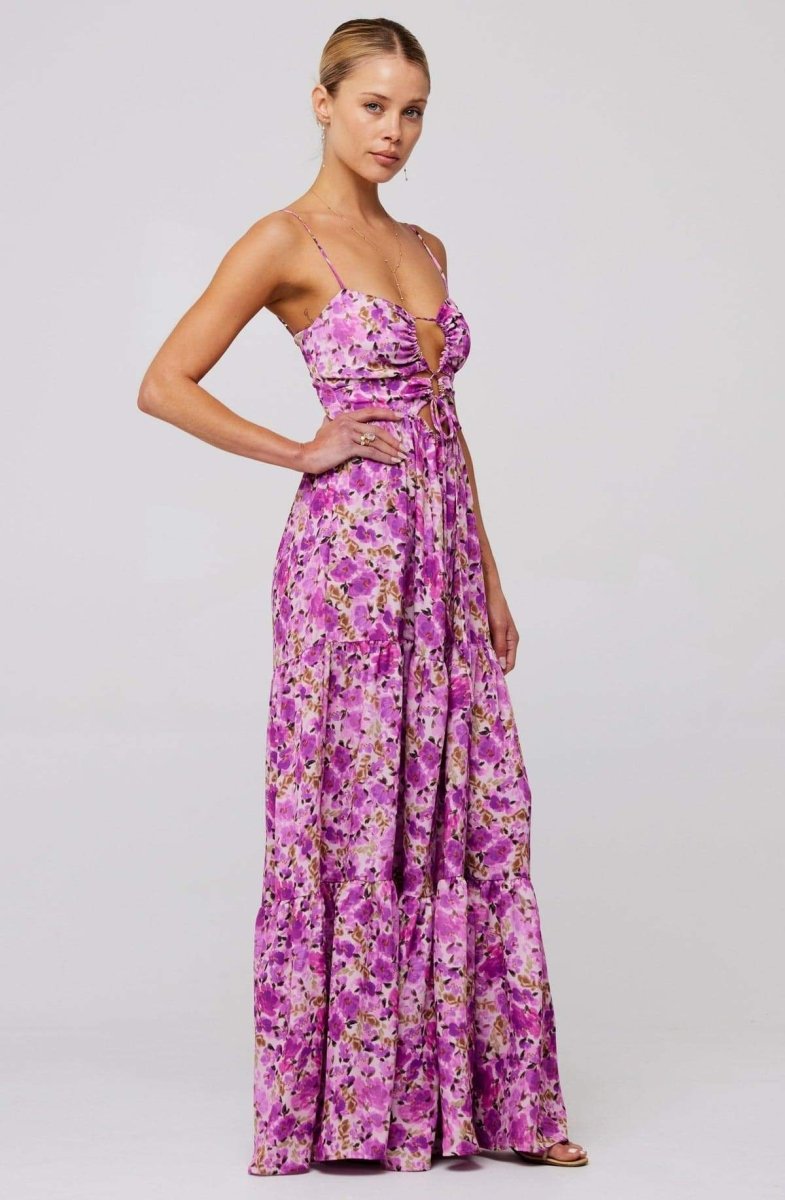 Floral Print Lace Up Keyhole Cut Out Waist Tiered Ruffle Maxi Dress