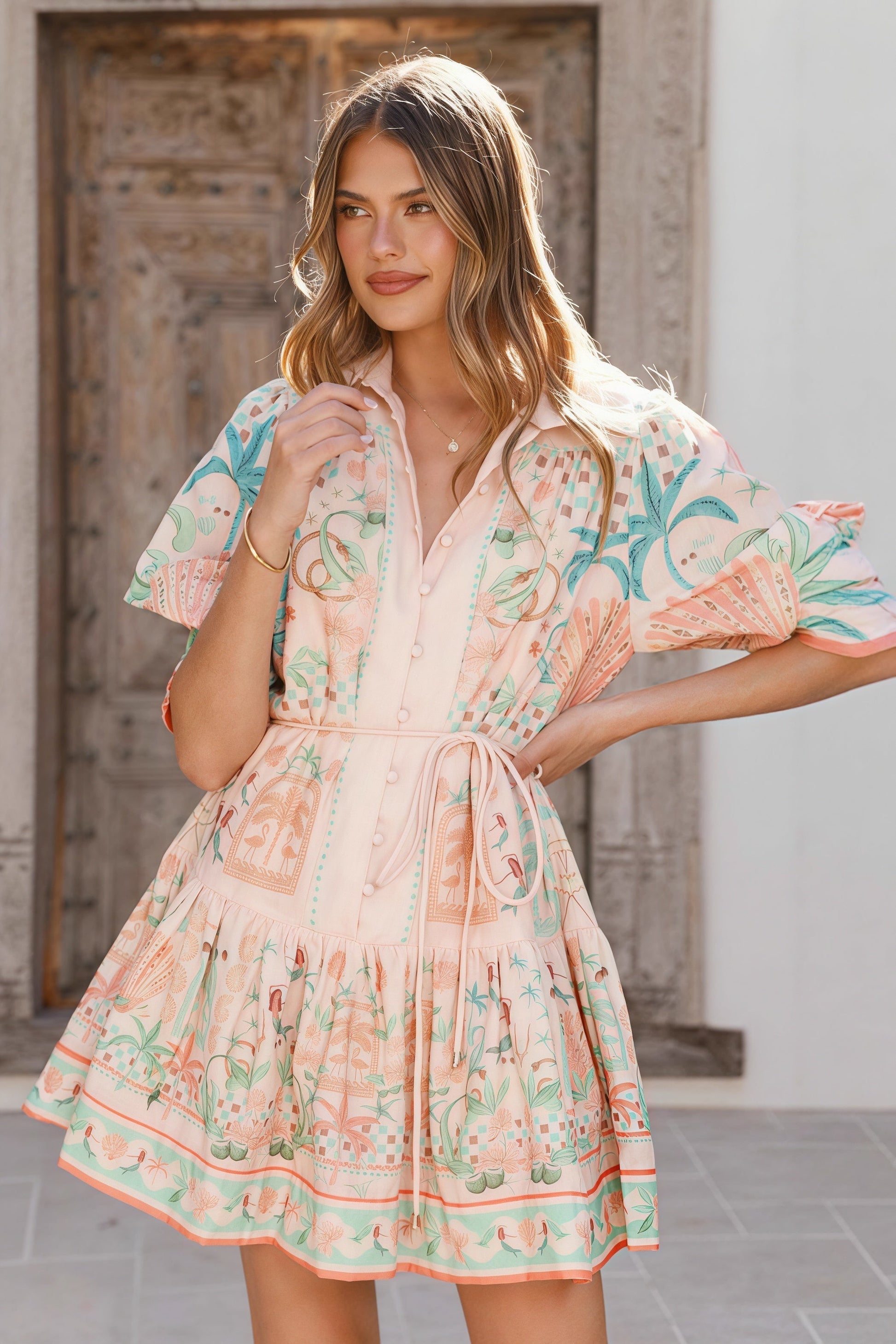 Tropical Print Button-Down Puff Sleeve Tie Waist Ruffle Mini Shirt Dress