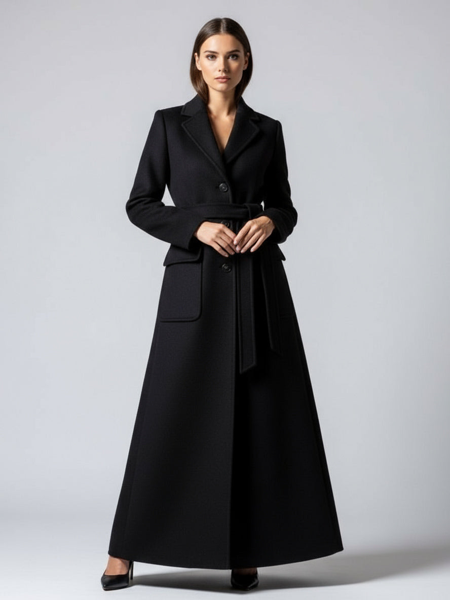 Belted Full Length Maxi Woolen Coat With Lapel And Big Pockets For Women 2026