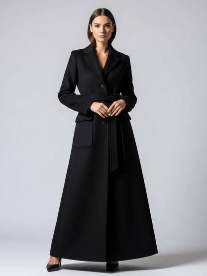 Belted Full Length Maxi Woolen Coat With Lapel And Big Pockets For Women 2026