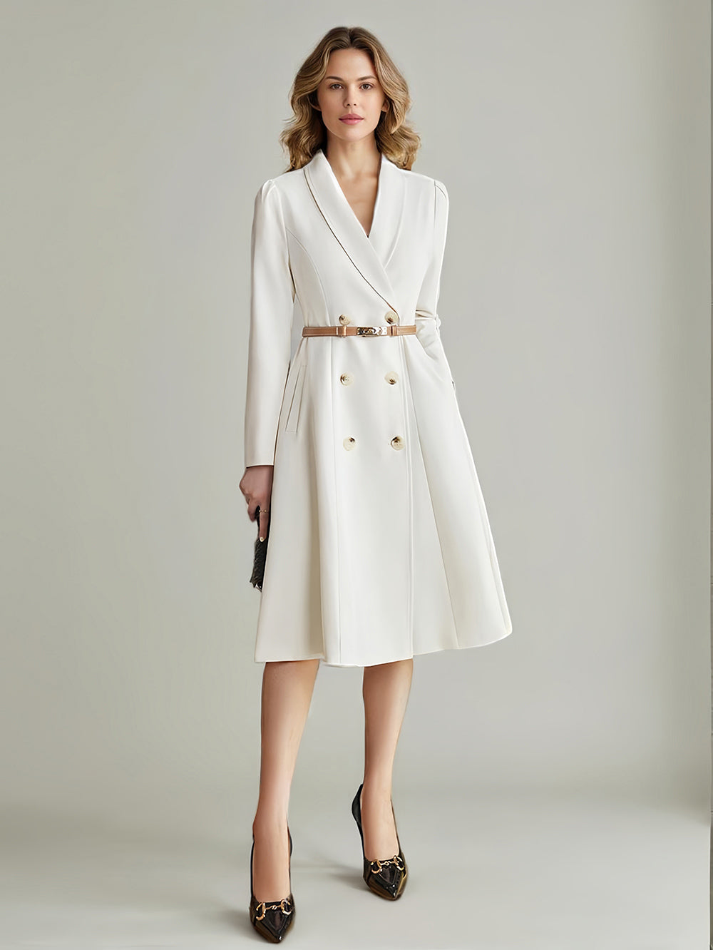 Blazer Dresses Lapel Belted Long Sleeves Knee-Length Business Casual Dress