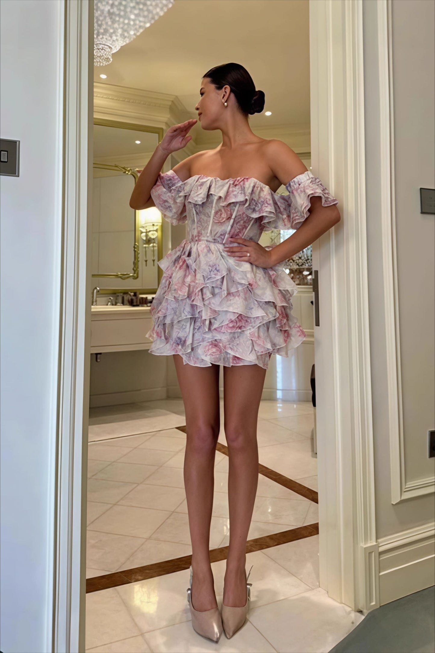 Off Shoulder Corset Bodice Tiered Ruffle Organza Floral Print Mini Dress