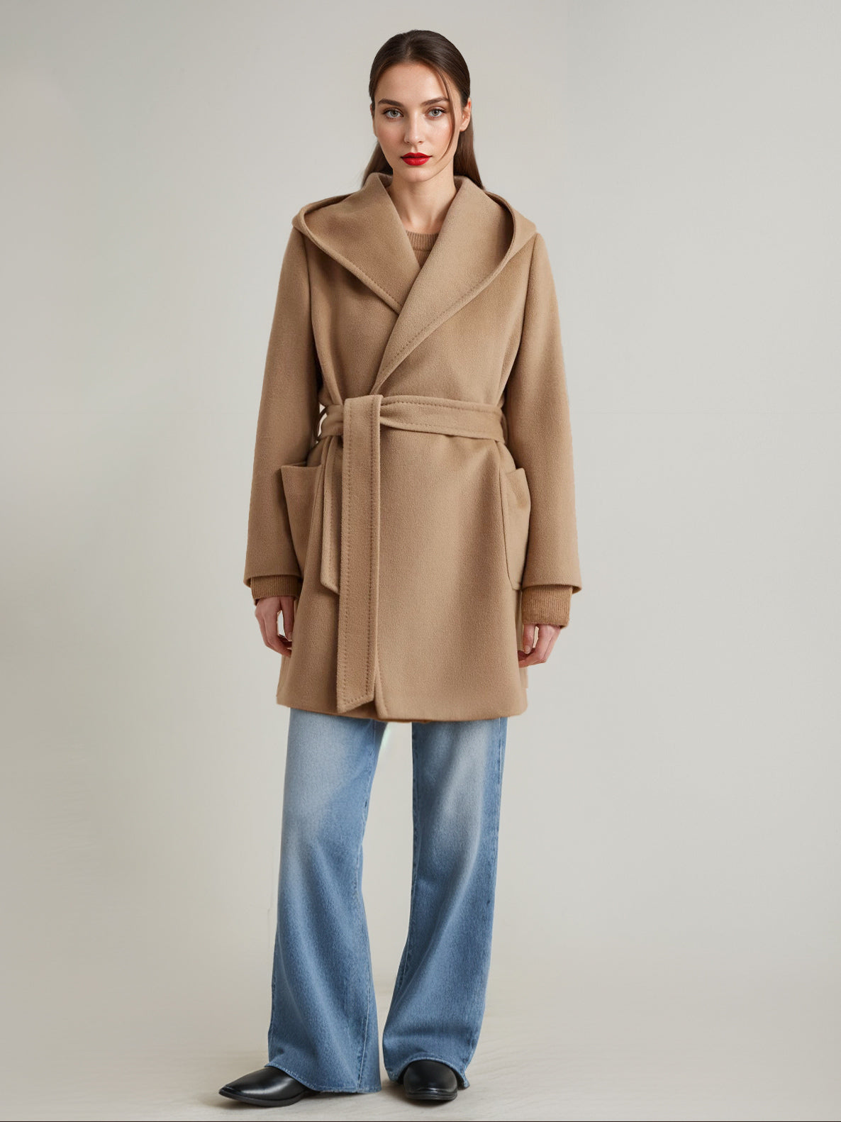 Wool Cashmere Blend Coat With Hood Camel Belted Double-Faced Short Wrap Coat For Women 2026