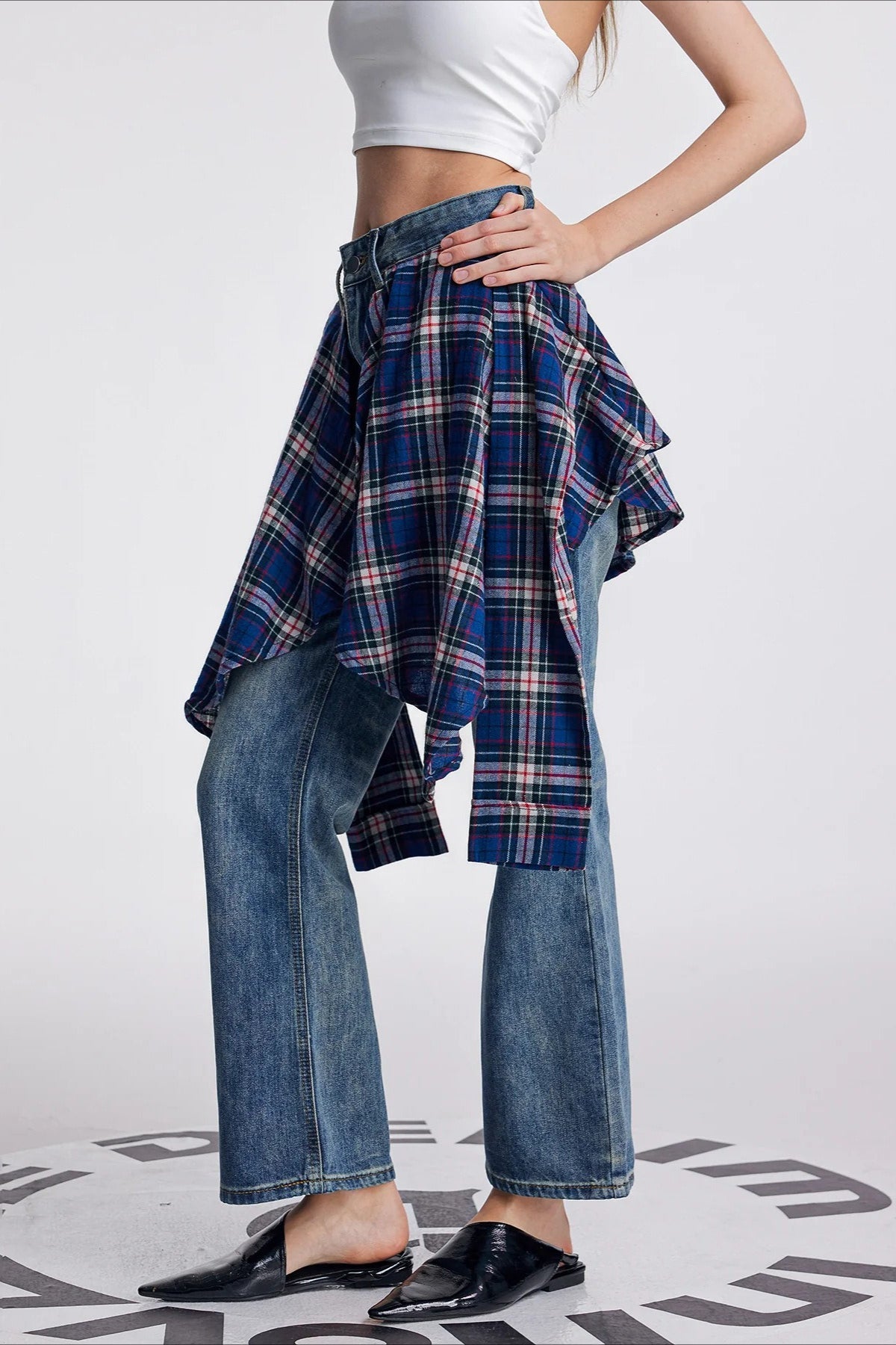 Vintage Plaid Patchwork Washed Micro-Flare Jeans