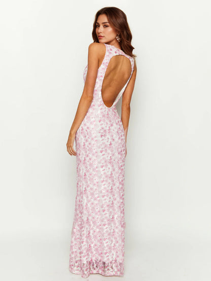 Sleeveless Lace Maxi Dress With Deep V-Neck And Open Back For Summer 2026