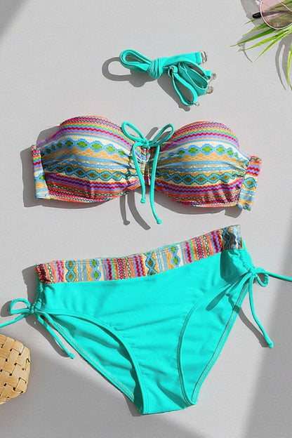 Unique Printed Tie-Waist High-Waisted Two-Piece Stretch Bikini Swimsuit