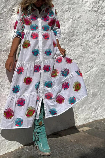 Take Me To Cabo Ethnic Unique Print Button Loose Shirt Midi Dress