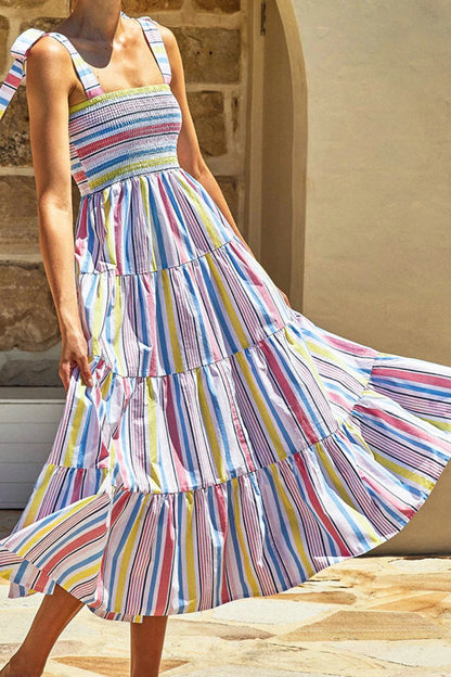 Multicolour Striped Print Smocked Lace Up Maxi Dress