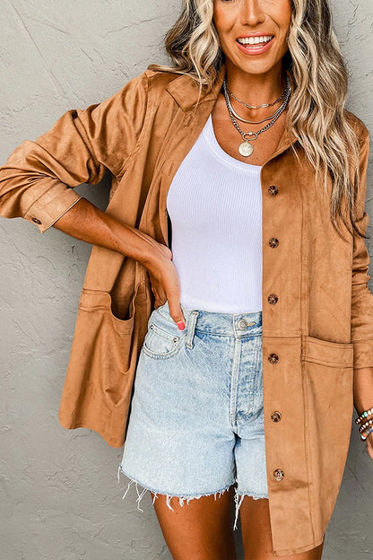 Camel Faux Suede Casual Pocketed Button Up Jacket