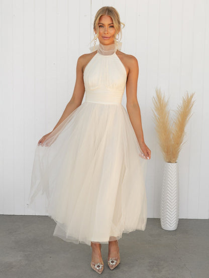Tulle Midi Dress Halter Pleated Empire Waist Open Back Elegant Prom Dresses