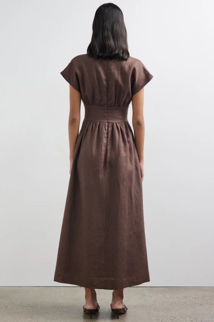 Della Linen Blend Short Sleeve Fitted Waist Maxi Dress