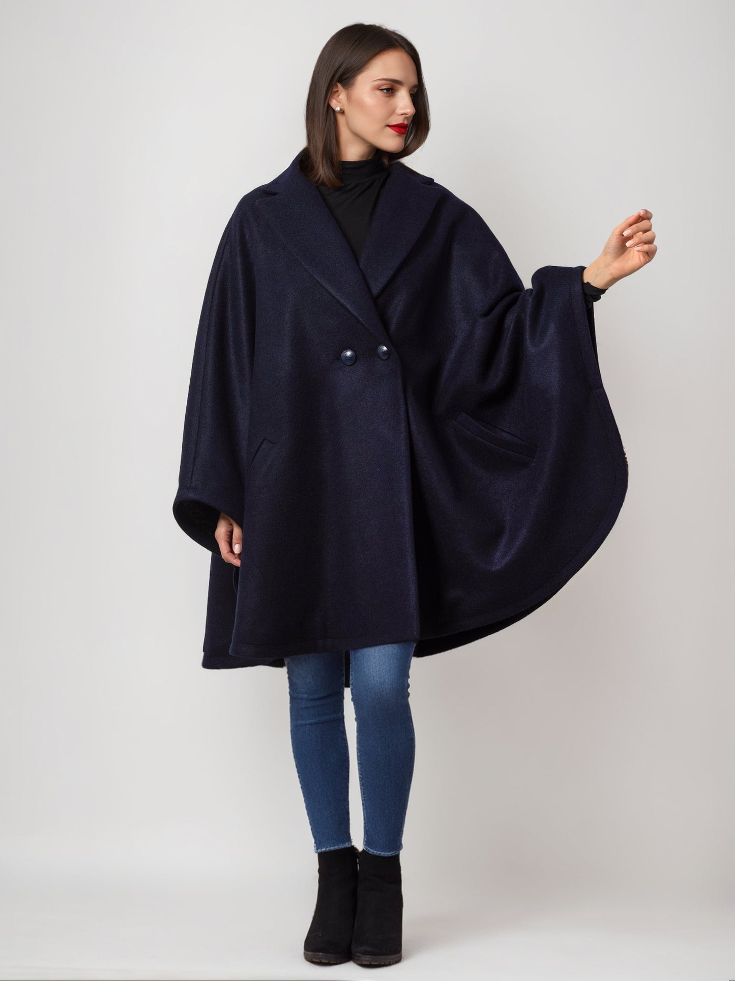Wool Blend Cape Coat Dark Navy Lapel Oversized Poncho Winter Outerwear For Women 2026