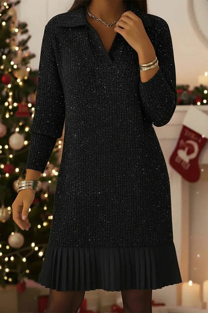 Solid Color Collared Long-sleeved Casual Pleated Knit Mini Dress