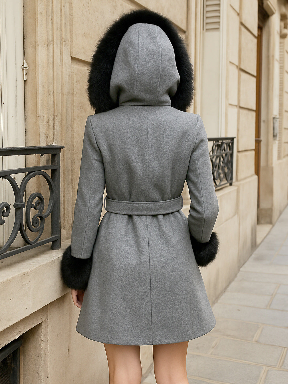 Belted Wool Blend Hooded Coat with black Faux fur cuffs For Women 2026