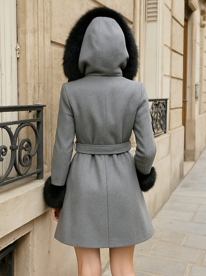 Belted Wool Blend Hooded Coat with black Faux fur cuffs For Women 2026