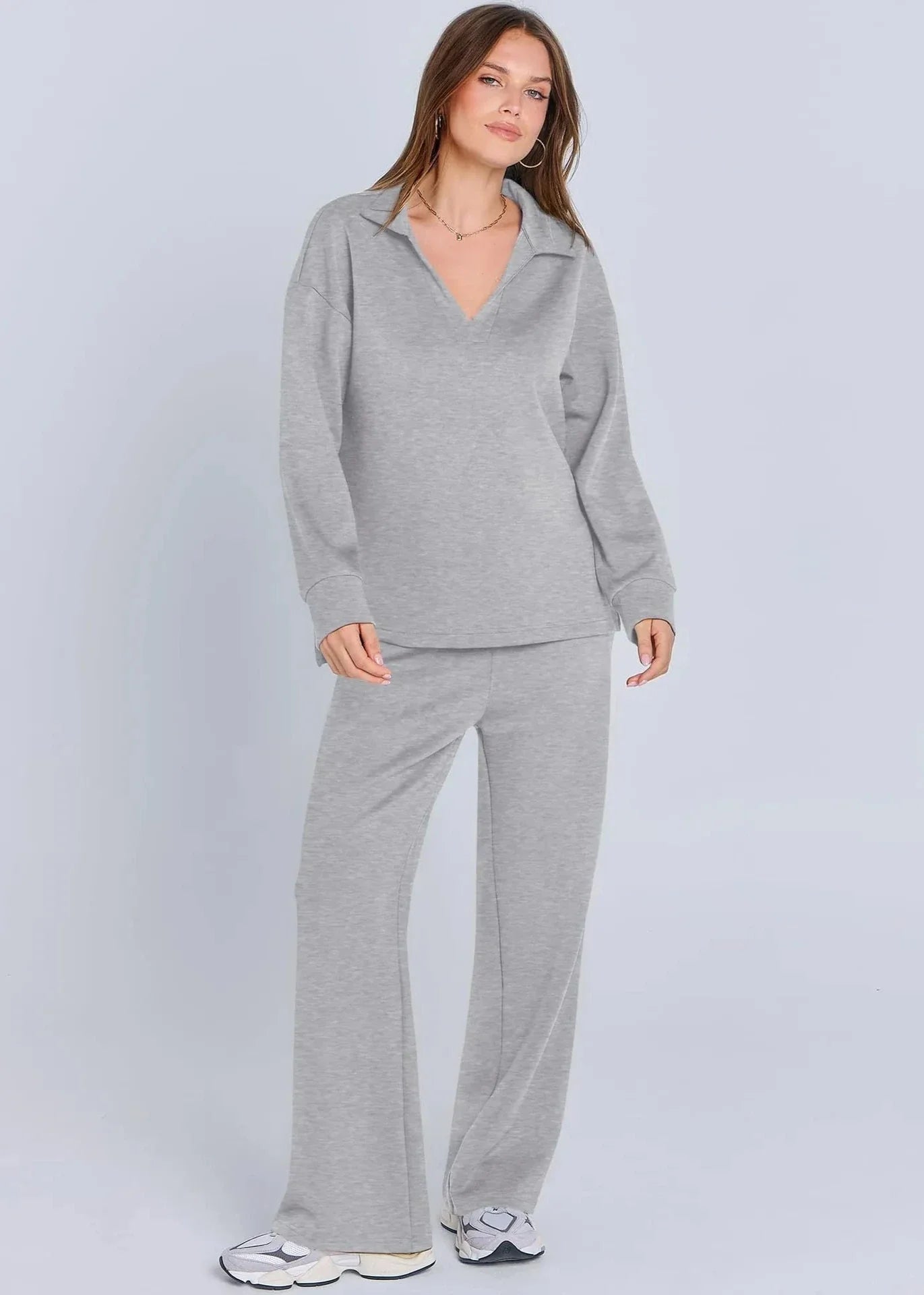 Relaxed Collar Pullover & Wide-Leg Pants Set