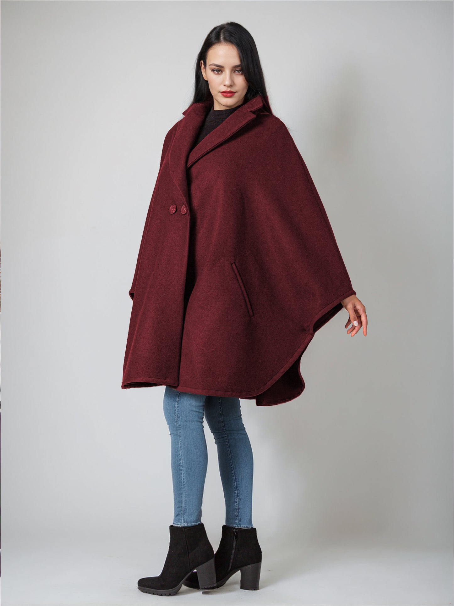 Wool Blend Cape Coat Dark Navy Lapel Oversized Poncho Winter Outerwear For Women 2026