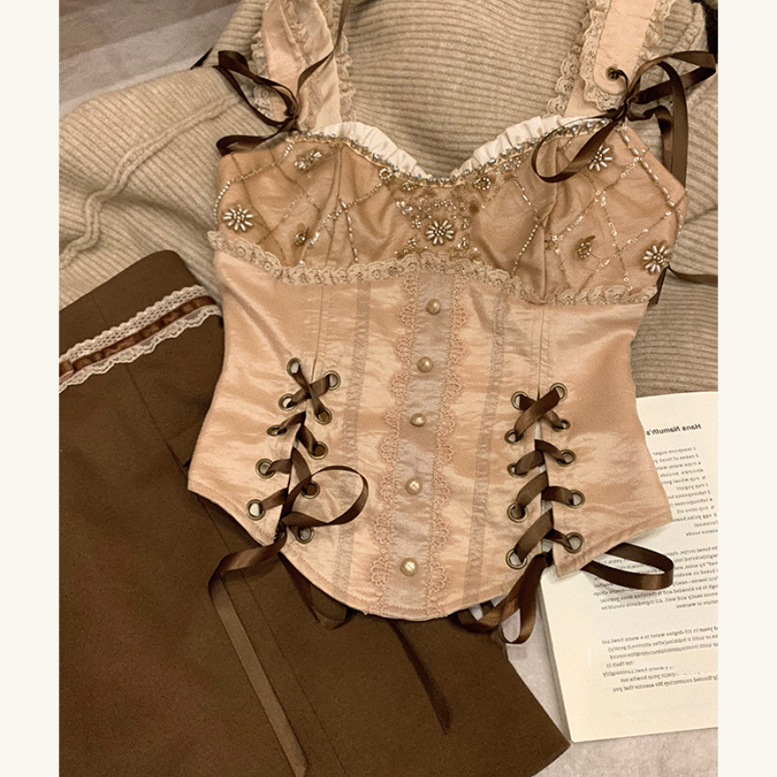 Beaded satin lace up button cami top