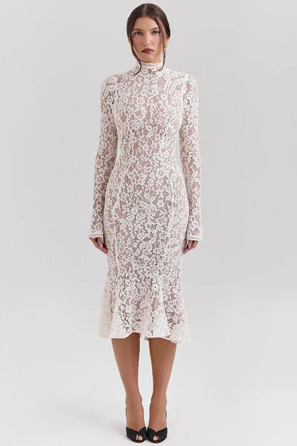 Floral Lace Mock Neck Bell Sleeve Mermaid Hem Midi Dress