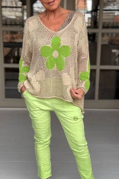 Floral Knitted Hollow V-neck Shirt Floral Mesh Sweater