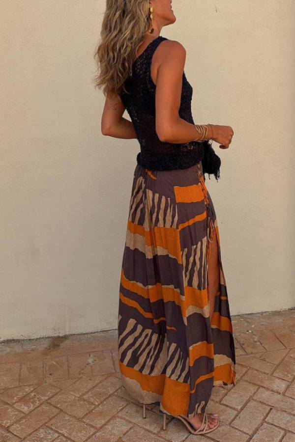Bendita Colorblock Print Elastic Waist Side Lace-up Slit Maxi Skirt