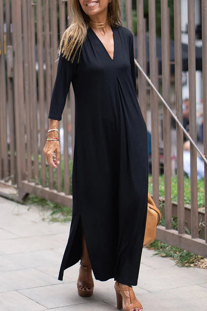 Solid Color V Neck Comfy Dresses
