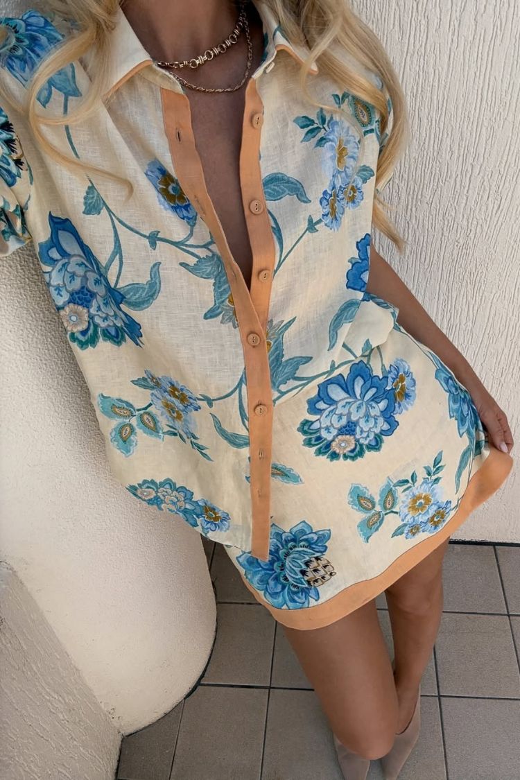 Giselle Linen Blend Floral Print Short Sleeve Shirt and Zipper Mini Skirt Set