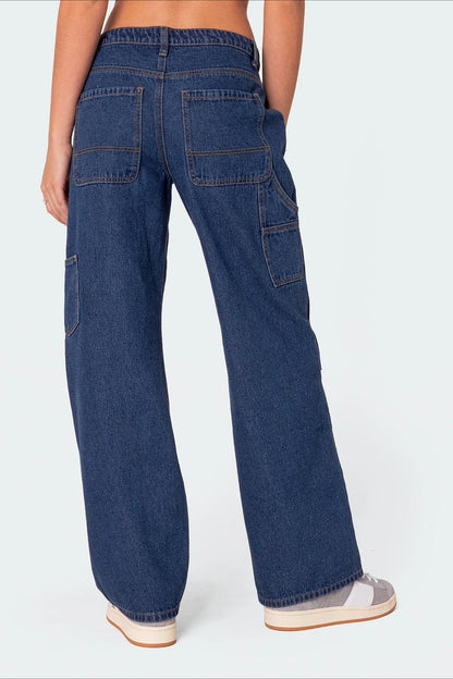 Washed Oversized Mid-Rise Cargo Pocket Straight-Leg Jeans