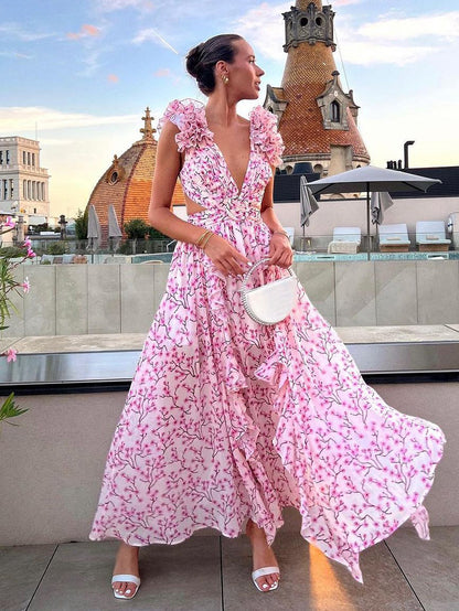 Flowy Flower Dress Plunge High-Slit Backless Maxi Boho Dresses