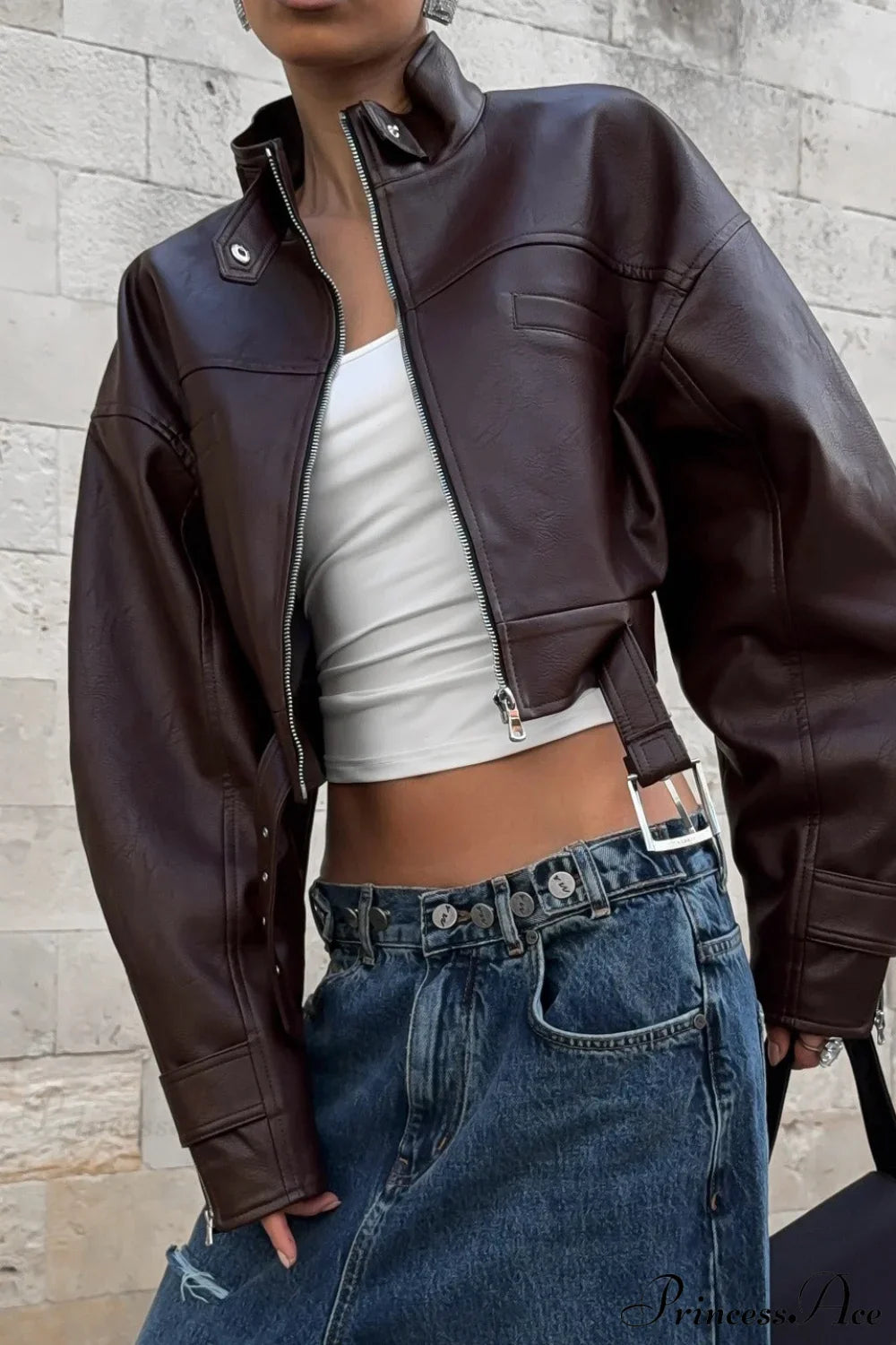 Biker Retro Leather Zip Stand Collar Short Jacket