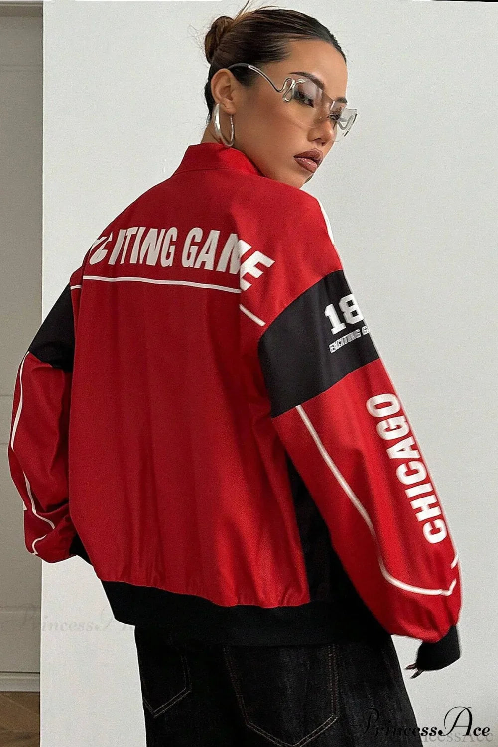 Biker Zip Letter Contrast Long Sleeve Coat