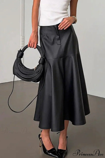 Black Faux Leather Midi Skirt