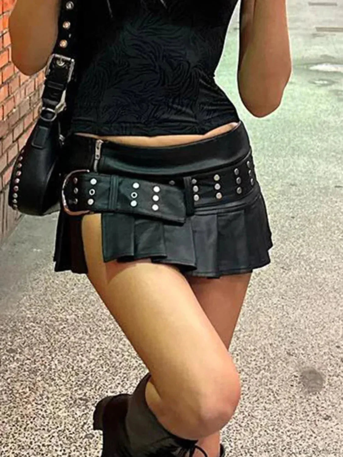 Black Leather Belted Skirt