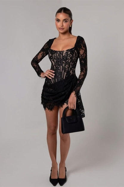 Valentina Long Sleeve Corset Mini Lace Dress
