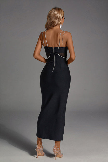 Paisley Black Ruched Bandage Maxi Dress