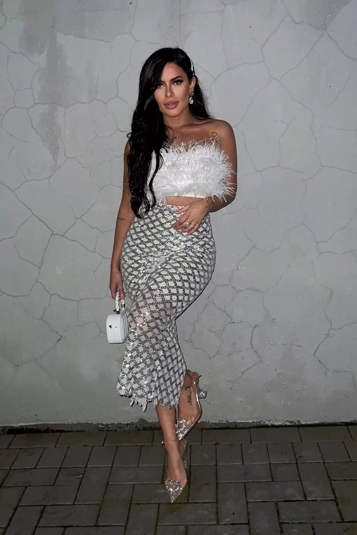 Blake Sequin Feather Bandage Set-White