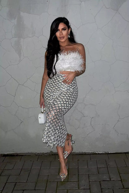 Blake Sequin Feather Bandage Set-White