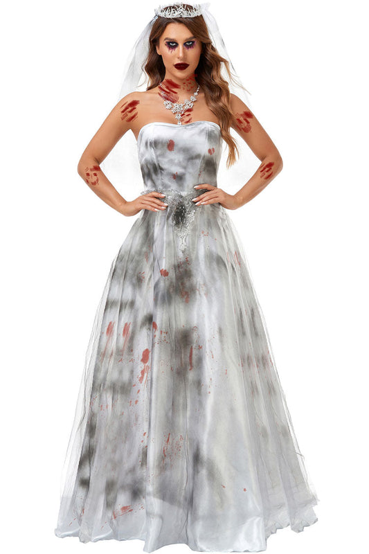 Strapless Distressed Blood Splatter Filigree Waist Tulle Overlay Maxi Dress