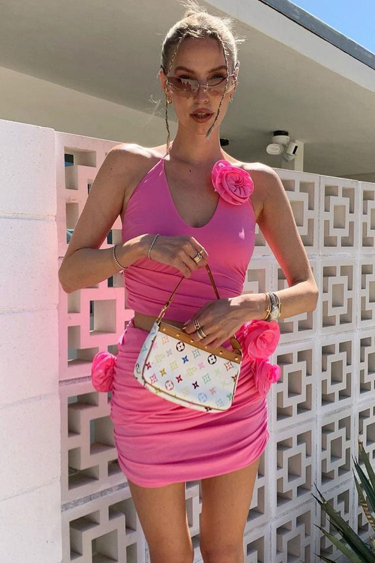 3D Floral Rosette Halter Ruched Crop Top and Mini Skirt Set