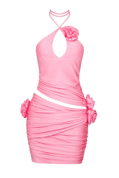 3D Floral Rosette Halter Ruched Crop Top and Mini Skirt Set