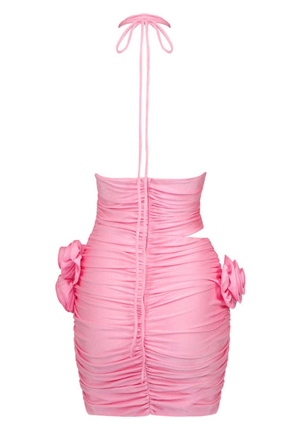 3D Floral Rosette Halter Ruched Crop Top and Mini Skirt Set