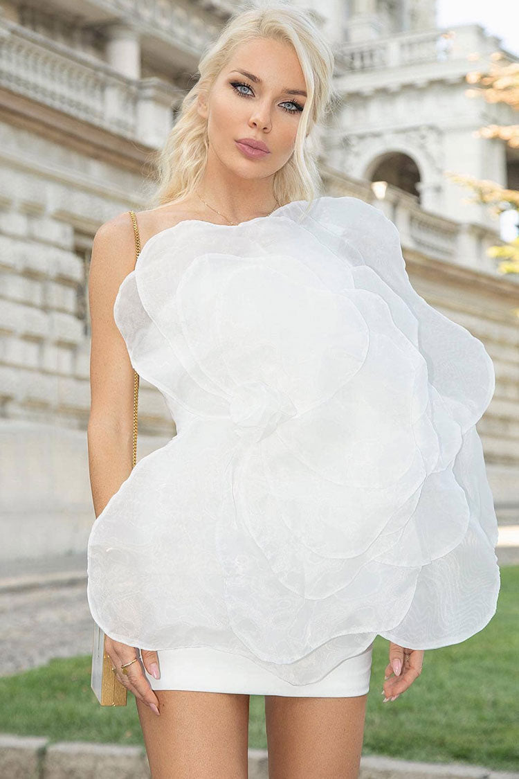 Oversized 3D Organza Rosette One-Shoulder Bodycon Mini Dress