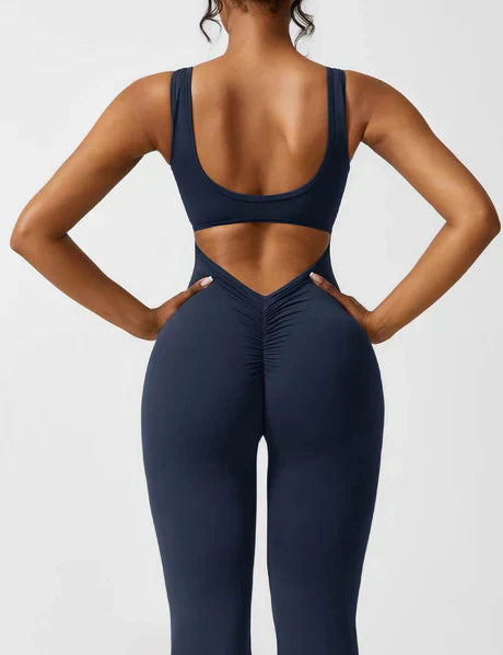 V-Back Flared Jumpsuit Blue