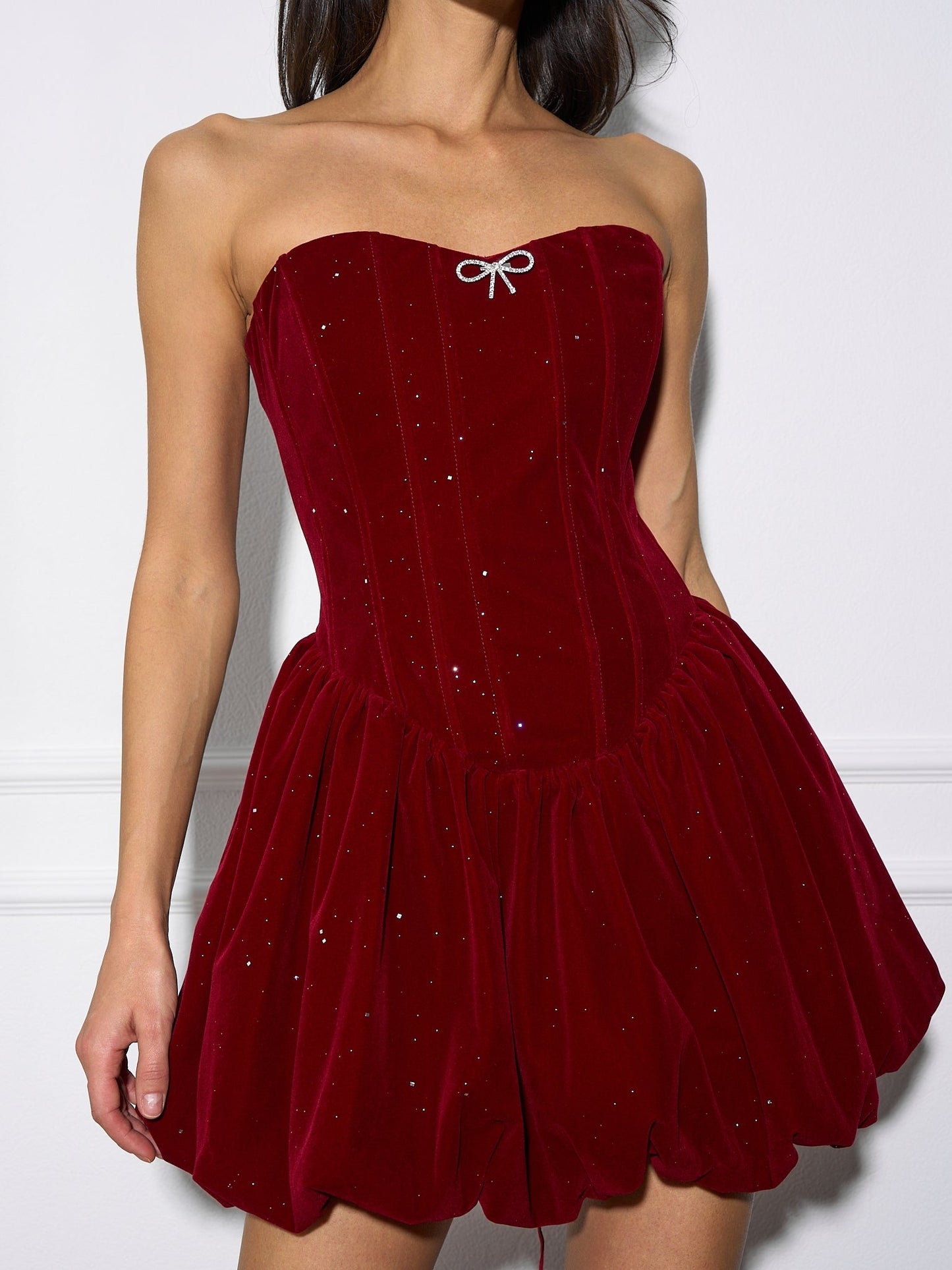 Shimmery Velvet Tube Dress with Diamond Bow