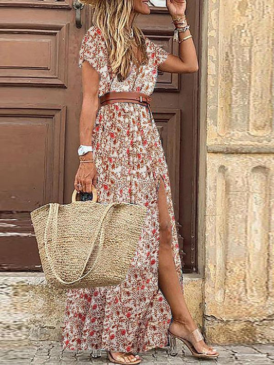 Ditsy Floral Print V-Neck Button Front Short Sleeve High Slit Maxi Dress