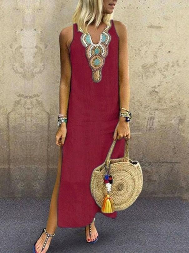 Embroidered Bib Round Neck Side Slit Sleeveless Shift Maxi Dress