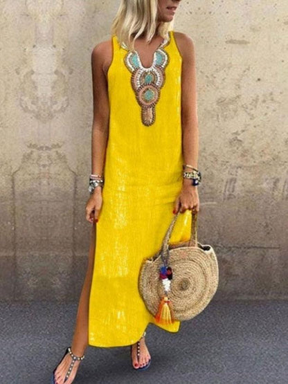 Embroidered Bib Round Neck Side Slit Sleeveless Shift Maxi Dress