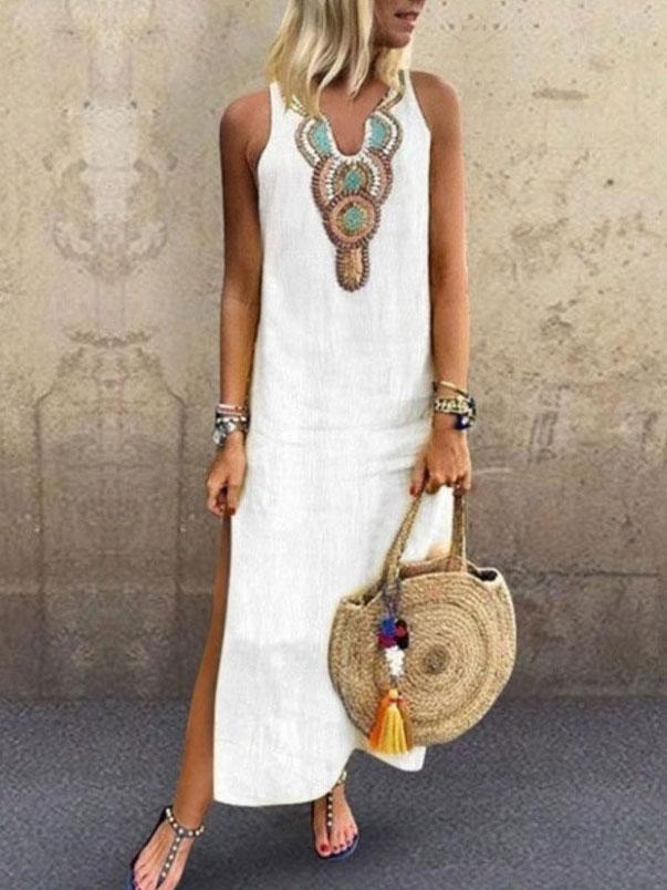 Embroidered Bib Round Neck Side Slit Sleeveless Shift Maxi Dress