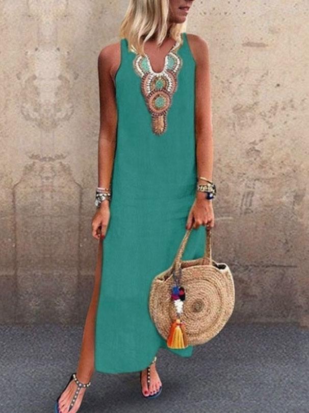 Embroidered Bib Round Neck Side Slit Sleeveless Shift Maxi Dress