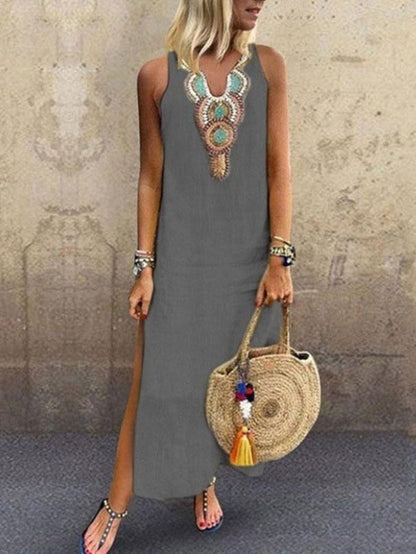 Embroidered Bib Round Neck Side Slit Sleeveless Shift Maxi Dress